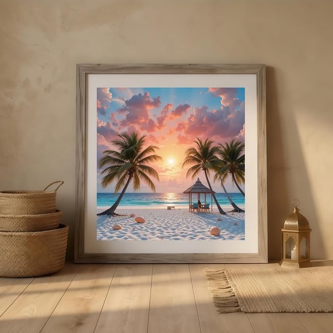 5D Beach Sunset Diamond Art kits for Adults Beginners 13.8x13.8inch | Coastal Ocean Palm Trees Diamond Painting Kit, DIY Full Round Drill Paint by Diamonds Dot Gem Art for Adult, Home Wall Decor