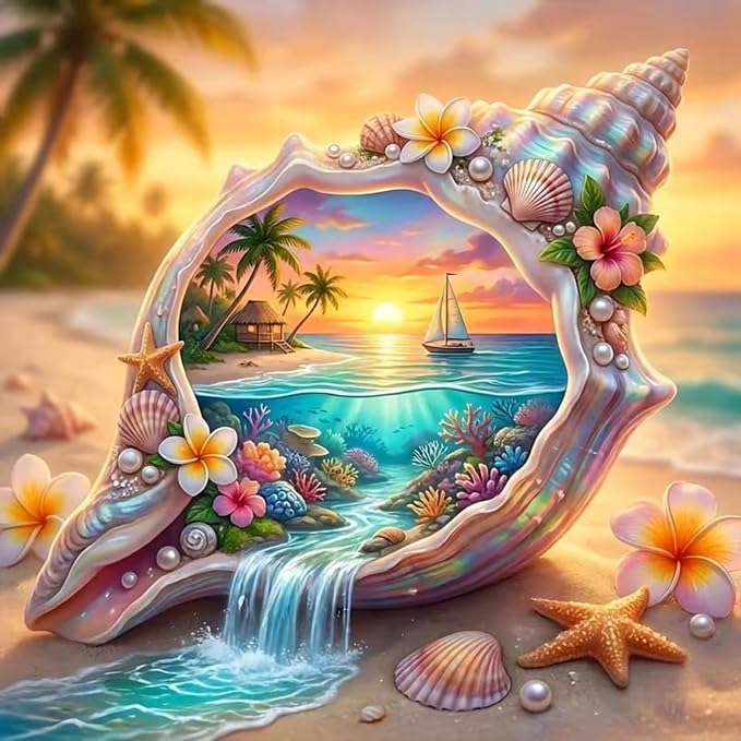 5D Seashell Beach Diamond Art kits for Adults Beginners 13.8x13.8 Inch | Ocean Sunset Diamond Painting Kit, DIY Full Round Drill Paint by Diamonds Dot Gem Art for Adult, Home Wall Decor