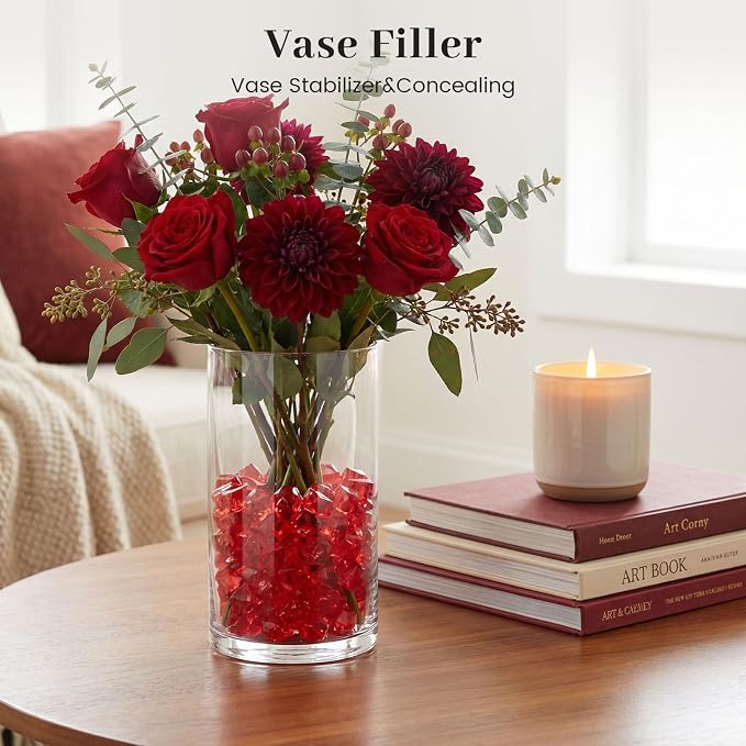 DOMESTAR Red Fake Ice Rocks, 150 PCS Acrylic Crystal for Vase Fillers
