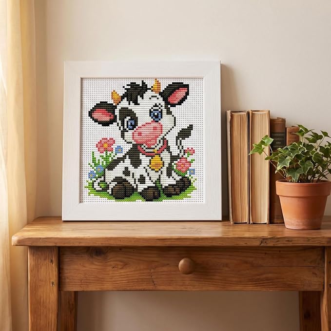 WUSARPLY Cow Stamped Cross Stitch Kits for Beginners Adults with Framed | Flowers and Grasses Needlepoint Counted Cross Stitch Kits for Beginners Adults Embroidery Kits Arts and Crafts 6 x 6 inch