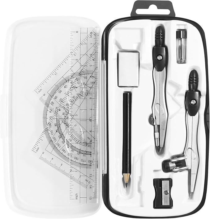 Unjoo Math Geometry Kit Sets 10 Piece Student Supplies, Compass Set, Black | Shatterproof Storage Box,Rulers,Protractor,Compass,Eraser,Pencil Sharpener,Lead Refills,for Classroom