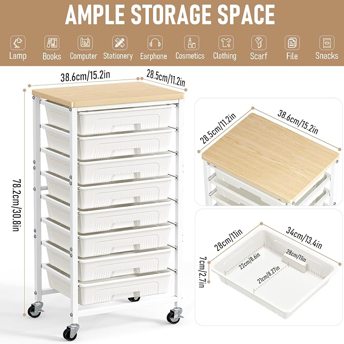caktraie 8-Drawers Rolling Cart, Craft Storage Utility Cart, Beige White