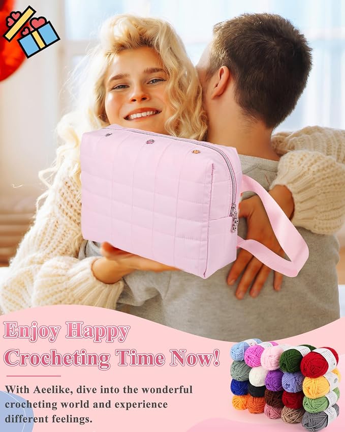 Aeelike Crochet Kit for Beginners Adults, Complete Yarn Kit, Pink | 87 PCS Crochet Kits for Beginners All-inclusive Crochet Set with Yarns Hooks Step-By-Step Instruction Storage Bag, Ideal Gift