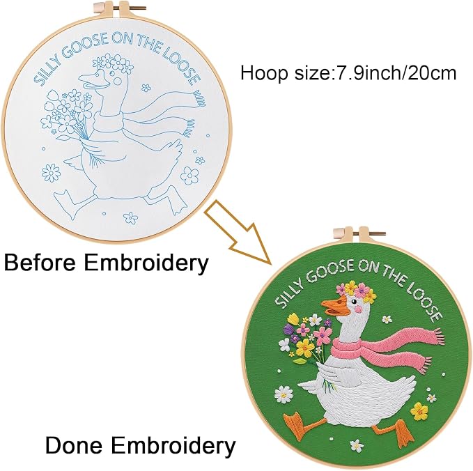 Louise Maelys Silly Goose Embroidery Kit for Beginners, Floral DIY Craft | Includes Pre-Printed Fabric, Embroidery Hoop and Threads. Cross Stitch Kits for DIY Crafts. Needlepoint Kit for Stitching