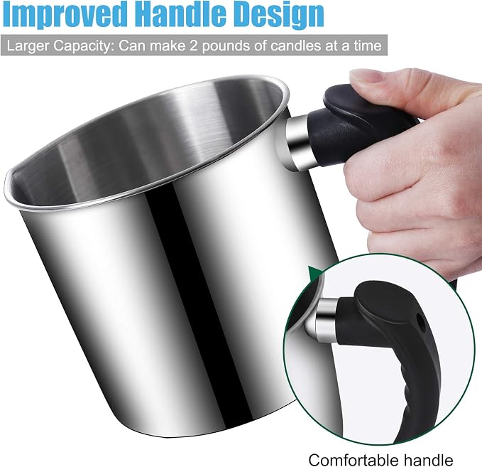 DINGPAI Candle Making Pouring Pot, 44oz Double Boiler Wax Melting Pot | 304 Stainless Steel Candle Making Pitcher & Spoon, Silver Color, Heat-Resistant Handle and Dripless Pouring Spout Design
