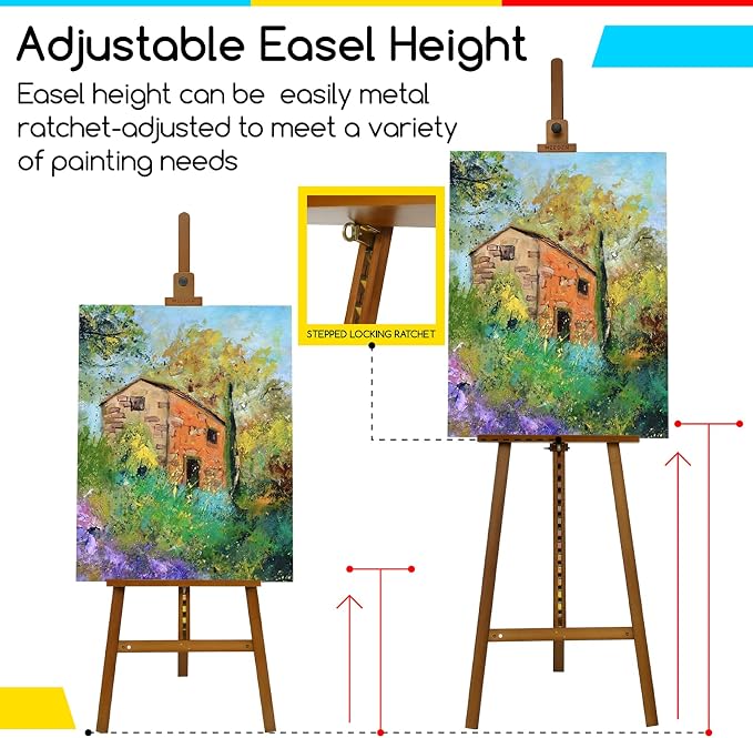 MEEDEN Painting Wooden Art Easel: Solid Beechwood, Hold Canvas up to 43" | Adjustable Height from 57"-76" for Studio Gallery, Multiple Work Angles A-Frame Easel for Adults Artists Beginners, Walnut
