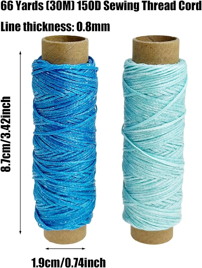 2 PCS Leather Sewing Waxed Thread, Each of 33 Yards 150D Sewing Thread Cord for Leather Craft DIY Supplies, Shoes Repairing, Blue and Light Blue