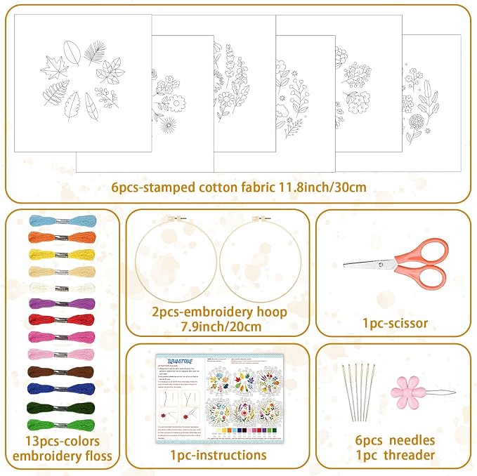 BEUNITONE 6 Pack Beginner Embroidery Kit for Adults, Simple Floral Plants Pre-Stamped Pattern Starter Needlepoint Kits with Hoops & Instruction, Hand Embroidery Kits for Fabric and Home Decor 7.9x7.9