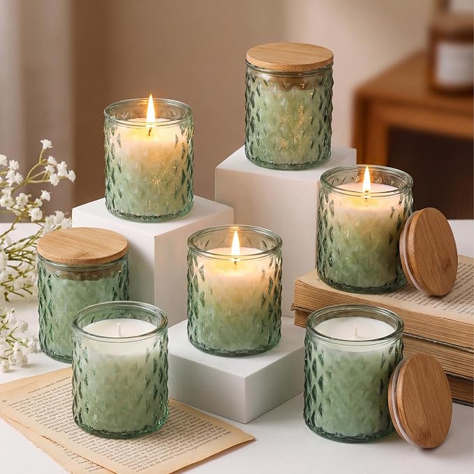 Acellegic 20 Pack Green Candle Jars for Making Candles 7 oz Empty Glass Jars with Bamboo Lids Cylindrical Candle Containers Bulk for DIY, Table Decor, Wedding Party