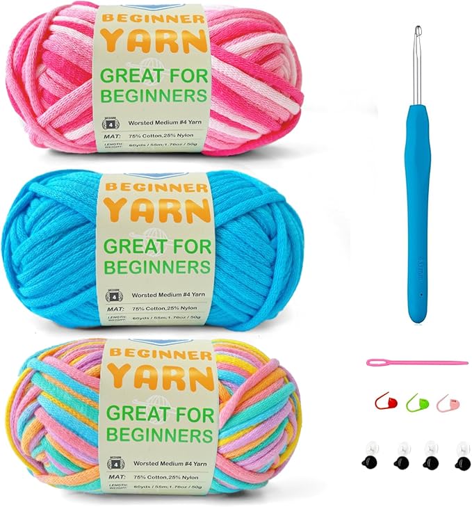 Easy Yarn for Beginner - Crocheting and Knitting Yarn |3 * 1.76oz/60yds; Easy-to-See Stitches; Worsted-Weight Medium #4; Cotton Blend; Amigurumi Crochet Kit(Petal+Blue+Merry Pink)