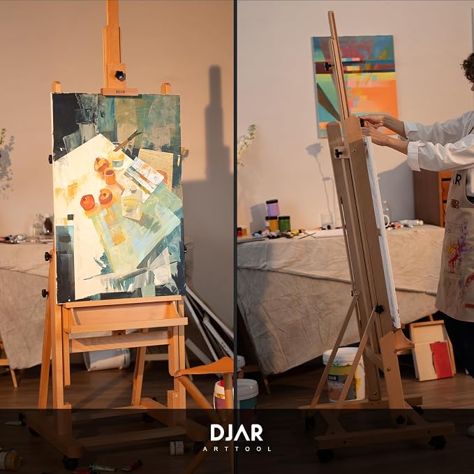 DJAR Large H-Frame Art Easel for Painting, 360° Casters Wheels, Natural