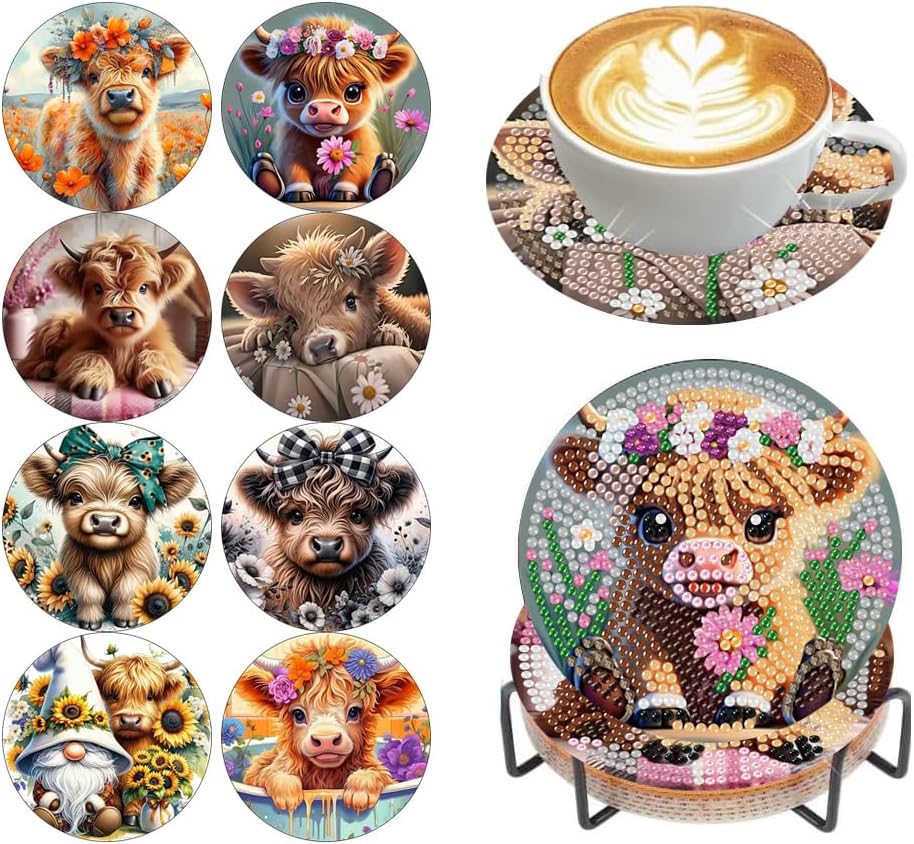 Diamond Art Coasters Kit,8 Pcs Highland Cow Diamond Painting Coasters Kit