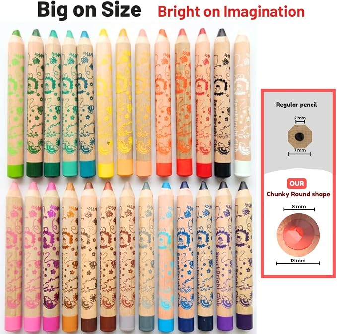 24 Jumbo colored Pencils Toddler ages 3-5, 3-in-1 Wooden Pencil, Crayon & Watercolor Art Set. Break-Resistant 8mm Core, Chunky Easy Grip for Beginner, Preschools, Kids, those with special needs (24)