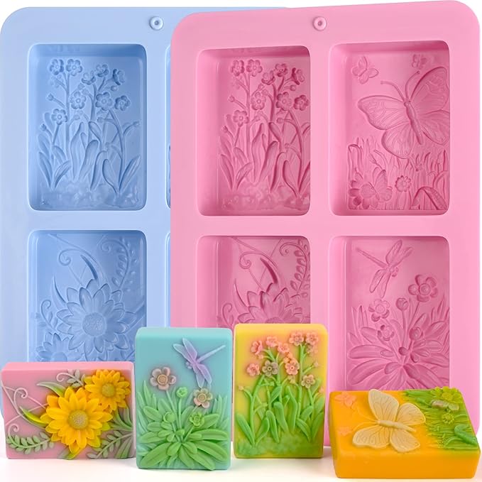 Soap Mold Silicone, 3D Rectangular Insect Flower Silicone Mold | 3D Rectangular Insect Flower Silicone Mold for Handmade Craft Soap Bath Bombs Chocolate Bars DIY Candles Polymer Clay Design