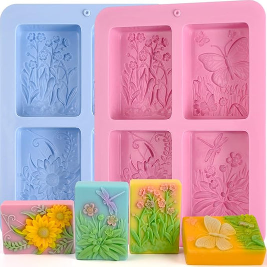 Soap Mold Silicone, 3D Rectangular Insect Flower Silicone Mold | 3D Rectangular Insect Flower Silicone Mold for Handmade Craft Soap Bath Bombs Chocolate Bars DIY Candles Polymer Clay Design