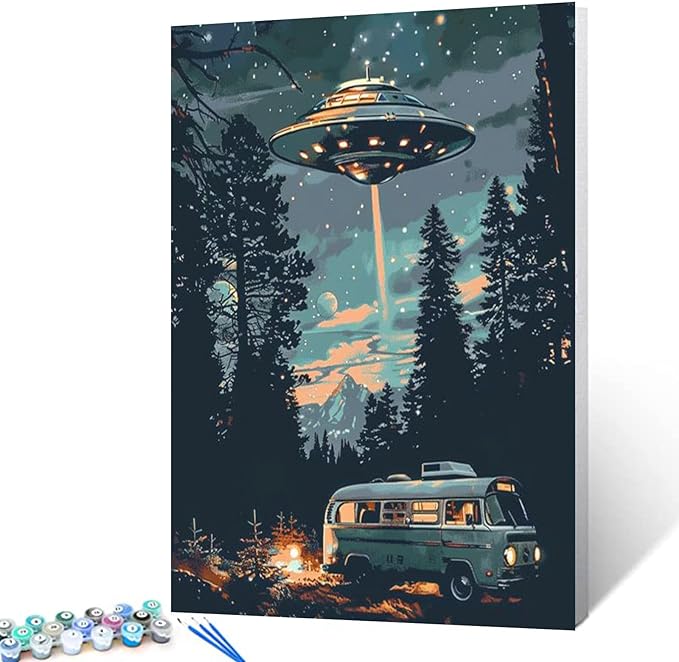 Tucocoo Starry UFO DIY Paint by Numbers for Adults Bus in Forest DIY Oil Painting Acrylic Paint Art Moon Stars Painting Kits Canvas with Acrylic Paint UFO Fantasy Decor 16x20 Inch （DIY Frame ）