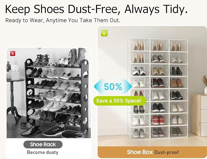Kuject XX-Large Shoe Storage Boxes 12 Pack, Clear Stackable Shoe Organizer