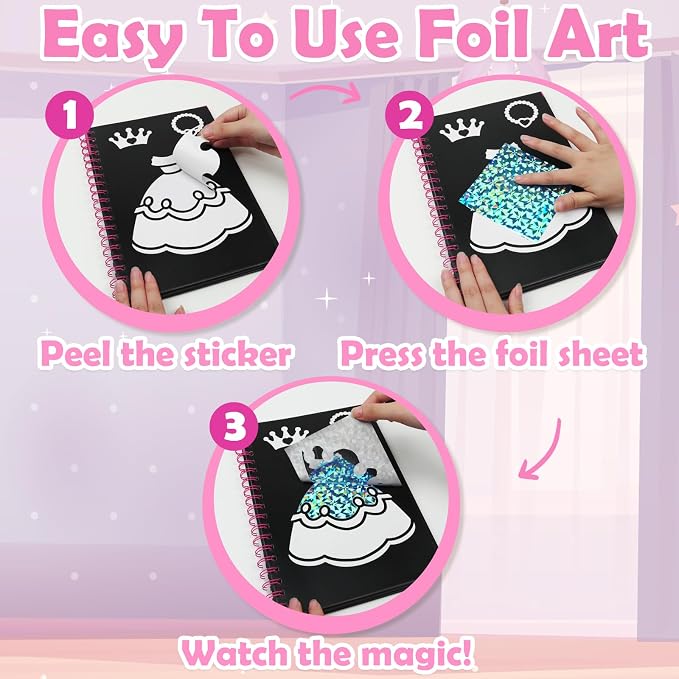 FUNNYB&G Foil Art Craft Kit for Kids, Sparkly Birthday Gift Toy for Girls | No Mess, Kids Ages 4-10 Create Sparkling Artwork, A Creative Gift for Birthdays, Holidays, Travel Activities,Screen-Free Fun