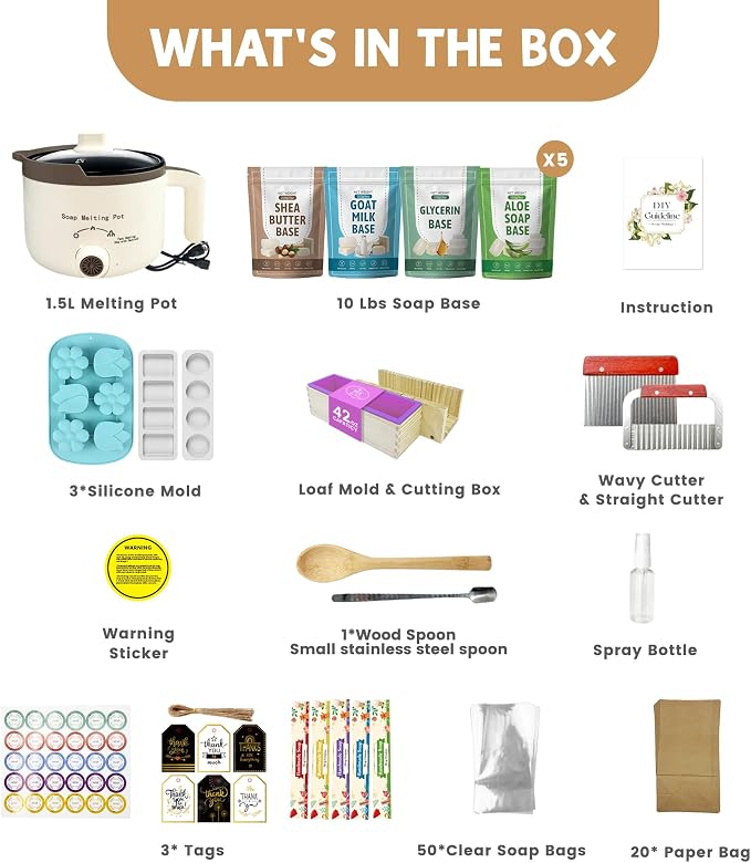 LFISGNN Soap Making Kit with 4 Flavored 10 lbs Soap Base in Bulk | DIY Soap Kit in Bulk with Soap Melting Pot, 10 lbs Soap Base (Shea Butter, Glycerin, Aloe, Goat Milk) and Loaf Mold