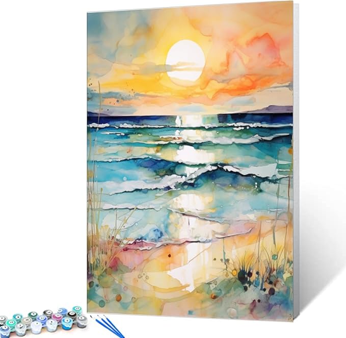 Sea Sunset Abstract Beach View Oil Painting Paint by Number Kits 16 x 20 inch Canvas Graffiti Beach Scenery DIY Painting for Kids Students Adults Beginner with Brushes Acrylic Pigment (Frameless)