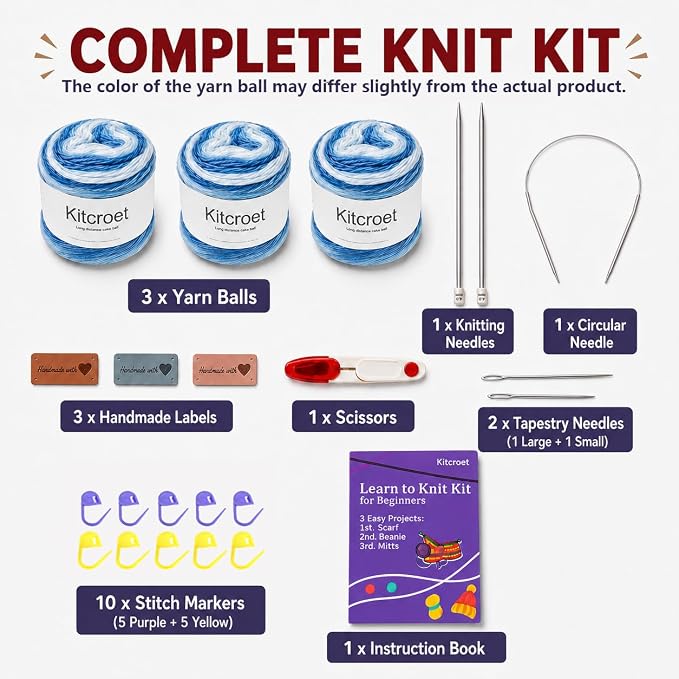 Knitting Kit for Beginners, Complete Starter Kit for Scarf, Hat, Gloves | Kitcroet Knitting Kit Video Tutorials & Written Guide; 2 Types of Needles & Knitting Accessories; 25% Extra Yarn Included