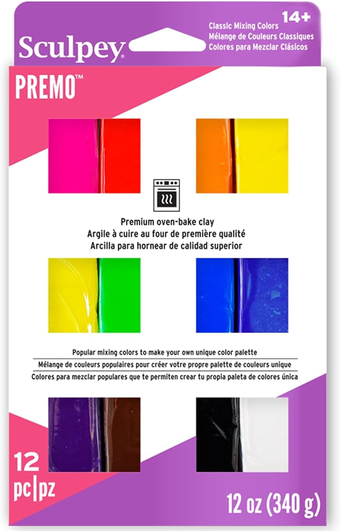 Sculpey Premo Multipack - 12 Shades Classic Mixing Colors 1oz Clay Bars | Non-toxic polymer clay sampler for jewelry making, caning, and mixed media. Soft, durable oven-bake clay in 12 colors
