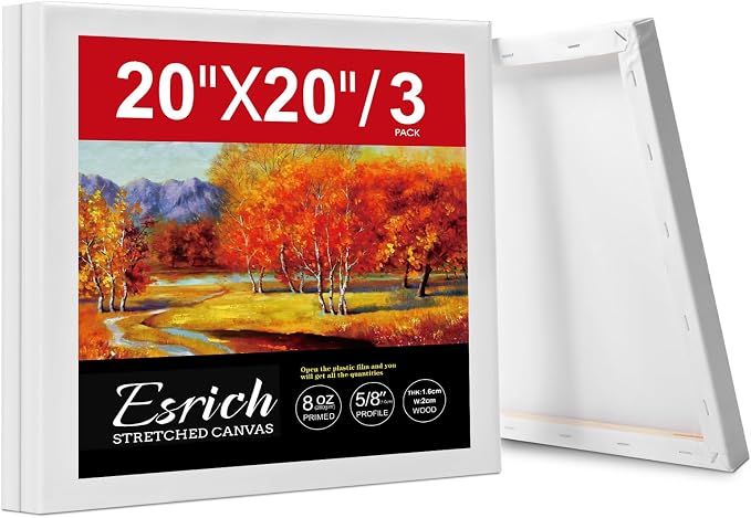 ESRICH 20x20 Stretched Canvas for Painting, 3 Pack Square Canvas for Painting Primed Acid-Free Framed Blank Canvas, Art Canvases for Beginners & Artists to Paint Oil, Acrylic, Pouring Painting.