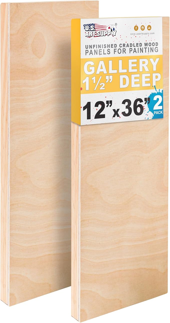 U.S. Art Supply 12" x 36" Birch Wood Paint Pouring Panel Boards, Gallery 1-1/2" Deep Cradle (Pack of 2) - Artist Depth Wooden Wall Canvases - Painting Mixed-Media Craft, Acrylic, Oil, Encaustic