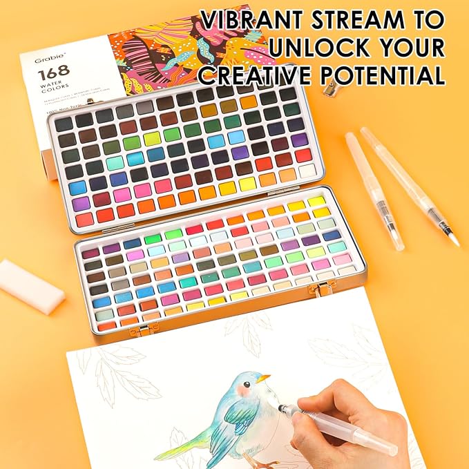 Grabie Set of 168 Color Watercolor Paint Set with Coloring Book | Water Brushes And Drawing Pencil, High Pigment Paints, Smooth Blending, Portable Storage Case, Watercolor Painting