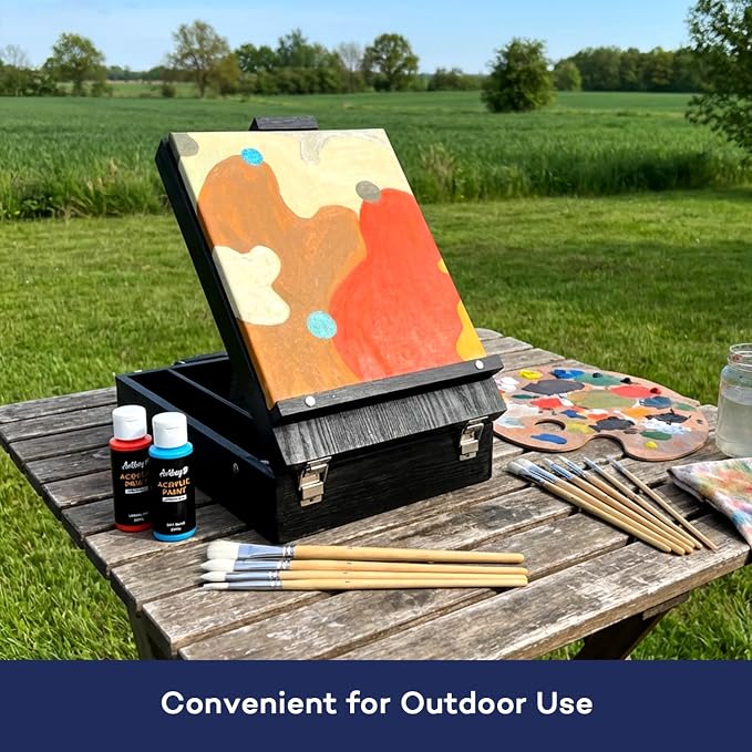 Artkey Tabletop Box Easel, Pine Wood Portable Artist Easel with Storage Case (4 Compartments), Adjustable 0-90° Angle, Carry Handle, for Canvas up to 22.6"
