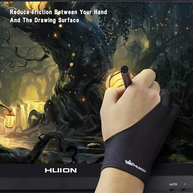 HUION Artist Drawing Glove, One Size, Left or Right Hand | Two-Finger Soft Lycra and Nylon Glove for Sketching, Inking, Coloring and Digital Drawing on Tablets, Reduces Friction