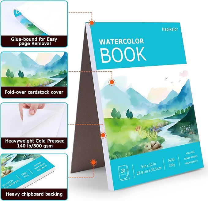Hapikalor 2-Pack 9"x12" Watercolor Paper, 140lb/300g Water Color Paper Teal | Artist Painting Drawing Paper Book, Art Supplies for Adults Kids, Watercolors, Watercolor Paint Set, Sketchbook, Journal