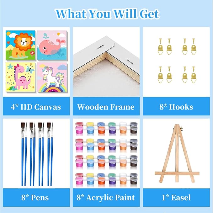 Arttoplus 4 Pack Paint by Numbers Kit for Kids with Frame Animals 8x8inch | Cute Animals Kids Paint by Numbers Ages 4-8-12 with Wooden Easel, Easy DIY Oil Painting by Number for Gift Home Wall Decor