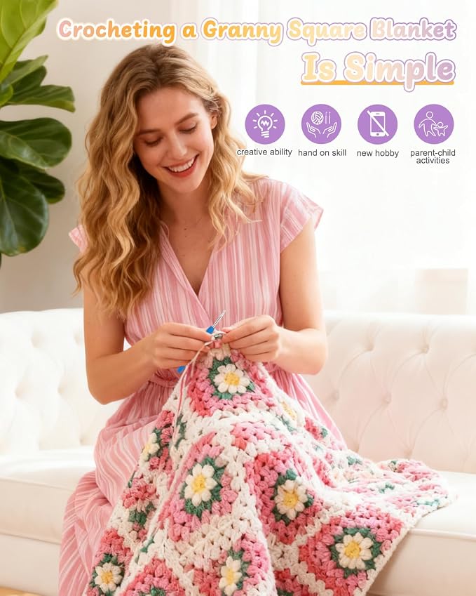 Coopay Crochet Kit for Beginners, Easy 3D Granny Square Blanket Kit, Pink | Crochet Kit W/Video Tutorial & Digital Instructions, All Accessories Included, Easy Knitting to Create Granny Square Blanket