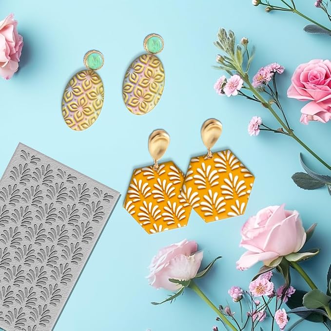 10PCS Polymer Clay Texture Sheets Boho Flower & Nature Texture Mixed Mat for Using with Clay Cutters Pottery Earrings Jewelry DIY Making