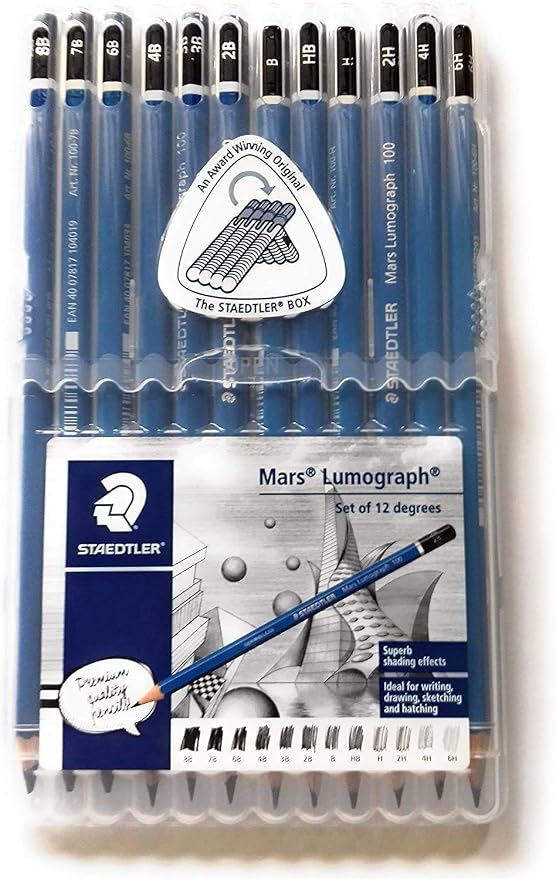 Staedtler Mars Lumograph Pencil Set – 12 Premium Graphite Drawing Pencils (6H-8B) with Sharpener & Dust-Free Eraser – Professional Sketching & Shading Kit for Artists, Designers & Students
