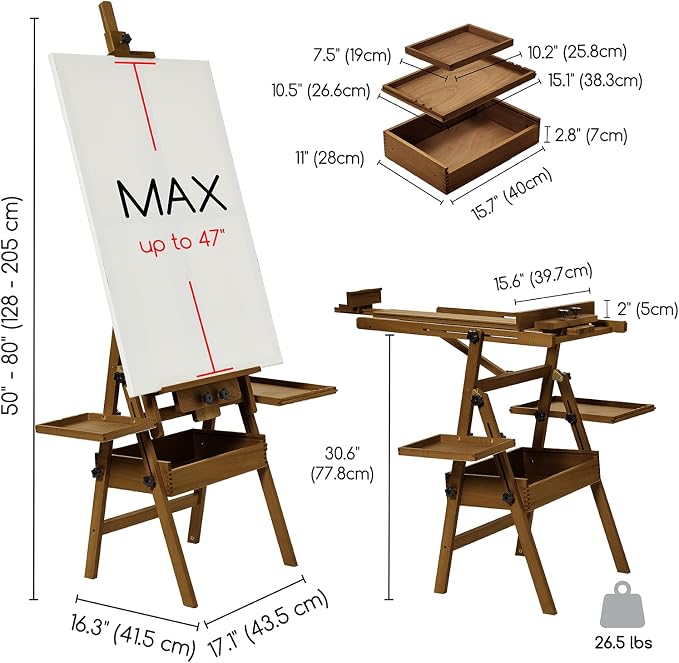 MEEDEN Painting Easel with Storage and Tray: H-Frame Beech Wood Art Easel | Easel Stand for Adults, Artists, Students, Beginners - Adjustable 50"-80" H, Holds Canvas Up to 47 Inches