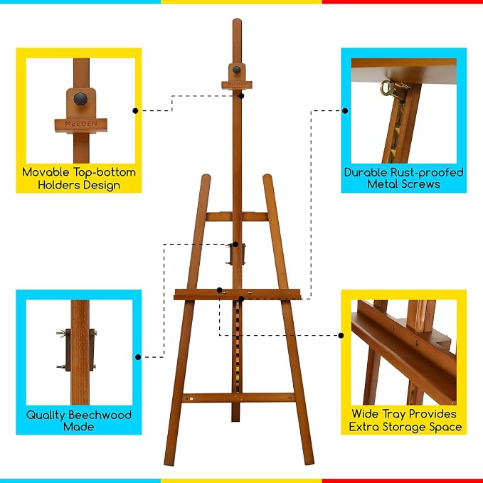MEEDEN Painting Wooden Art Easel: Solid Beechwood, Hold Canvas up to 43" | Adjustable Height from 57"-76" for Studio Gallery, Multiple Work Angles A-Frame Easel for Adults Artists Beginners, Walnut