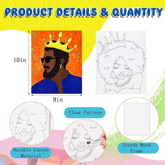 Yeaqee 13 Pcs Sip and Paint Kit for Adults Stretch Canvas Date Night Valentines Painting Kit Supplies Art Painting Set Outline Design Blank Stretch Canvas for Couple Party(Afro King Queen,8x10)