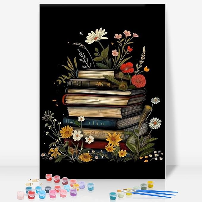 Framed Paint by Numbers Kit for Adults, Books & Wildflowers, 8 x 12 Inch | DIY Adult Paint by Number Kit for Beginners, Library Wall Decor, Stress Relief Craft Gift, Creative Hobby