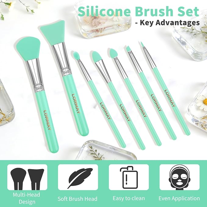 LORMAY 7-Piece Silicone Brush Set for UV Resin Crafts and Makeup, Green | Easy Clean for DIY Epoxy Art and Makeup, Soft Reusable Tools, Gentle Applicator Suitable for All Skin Types