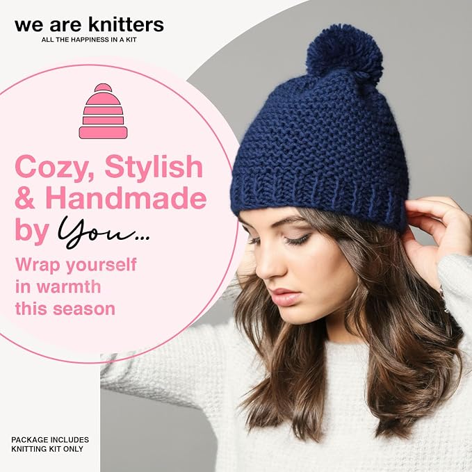 We Are Knitters Tremblant Beanie Kit | Beginner Knitting Gift Kit | Easy Flat Knit Winter Hat | Cozy DIY Handmade Beanie Set
