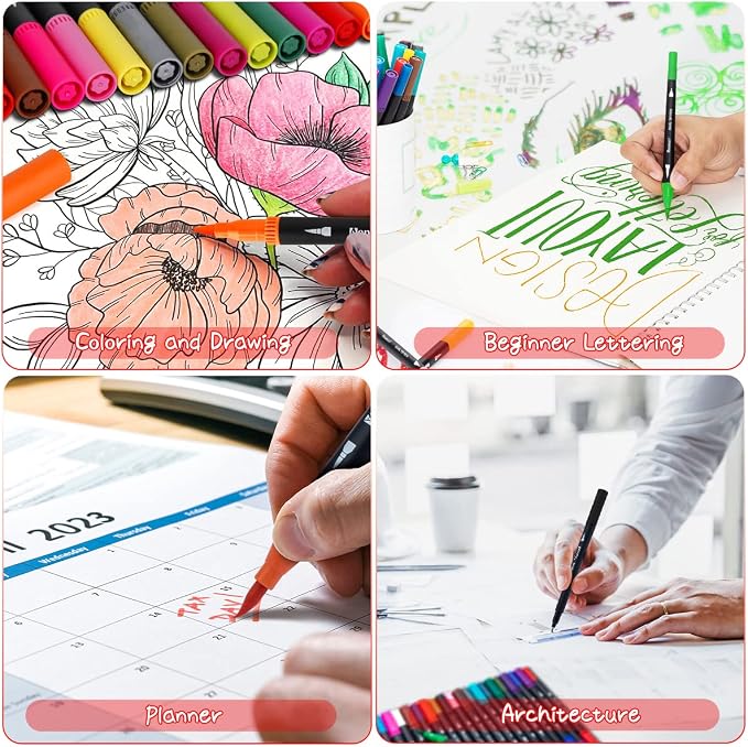36 Dual Brush Markers for Adult Coloring Books, Double Tip Pens Art Set | Fine & Brush Tips Pen for Journaling, Calligraphy, Drawing , DIY Craft Supplies for Gifts Trendy Stuff