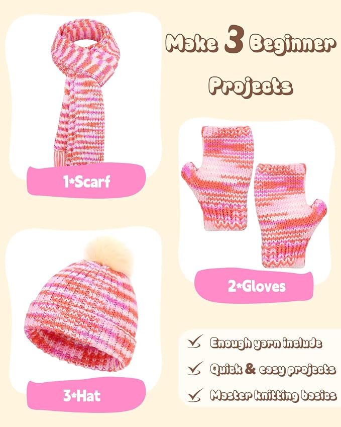 Katech Knitting Kit for Beginner- Beginners Knitting Kit for Adults Kids | Complete Hat, Scarf, Gloves Starter Knitting Kit with Step-by-Step Video Tutorials-Ideal Gift