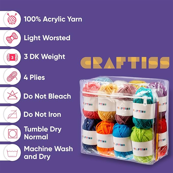 CRAFTISS 16 of 20g/0.7Oz Acrylic Yarn Mini Skeins - 700 Yards of Soft Yarn for Crocheting and Knitting Craft Project, Assorted Starter Crochet Bulk Kit for Adults and Kids