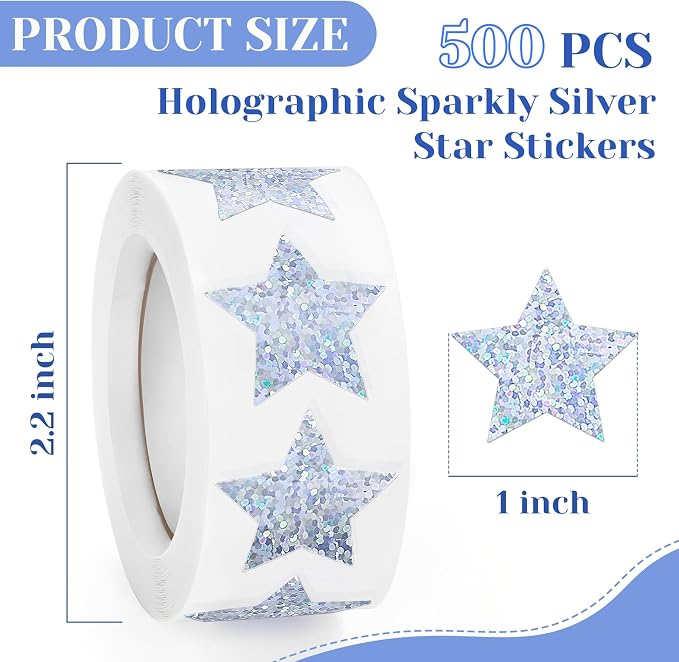 Imeepa 500PCS Holographic Sparkly Silver Star Stickers, 1" Reward Labels