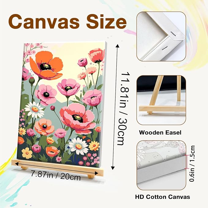 HeeBenor 4 Pack Flowers Paint by Numbers Kit for Adults Framed Canvas