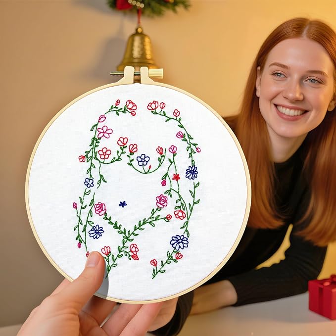 Woman Flowers Embroidery Kits for Beginners Adults, Floral Hand Embroidery Starters Kits, Stamped Cross Stitch Kits DIY Needlepoint Kits for Beginners Adult, Embroidery Hoop, Thread and Video Tutorial