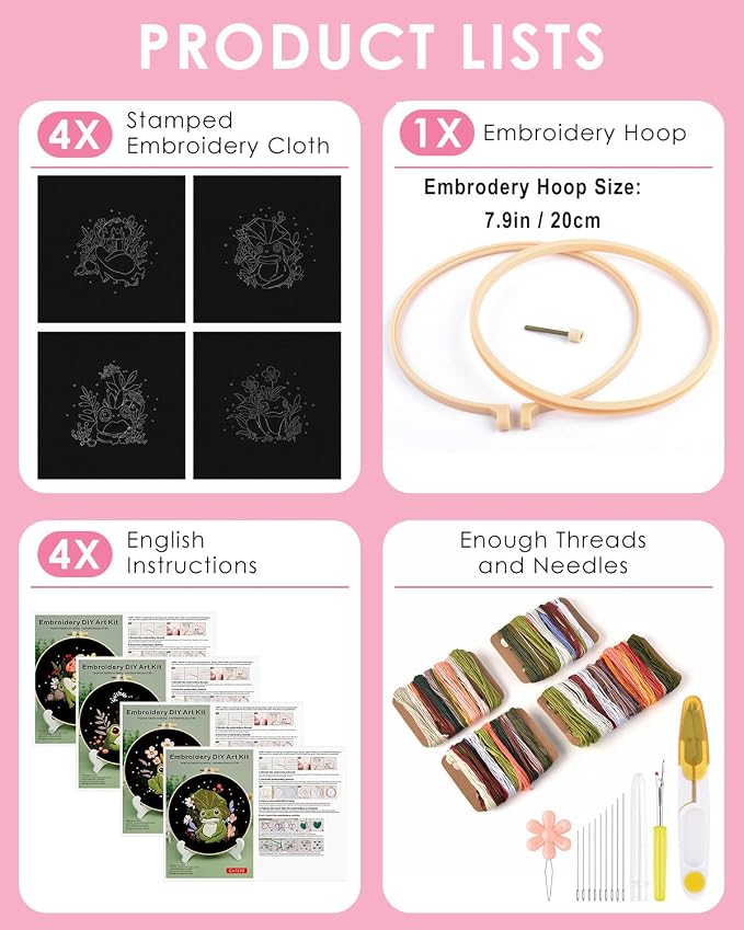TINDTOP 4 Pack Embroidery Kit for Adult, Embroidery DIY Starter Kit