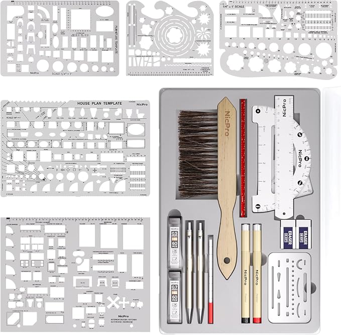 Nicpro 21PCS Professional Drafting Tools & Geometry Set with Case | Architect Compass & Protractor Set, Metal Pencils Pens, Scale Metal Ruler, 5 Drawing Templates for Interior House Plan Design